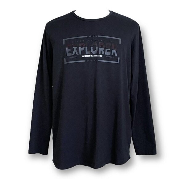 Renaur Mens Black Long Sleeve Explorer Tee Sz 2XL Textured Ribber Graphic Tshirt - Picture 2 of 7